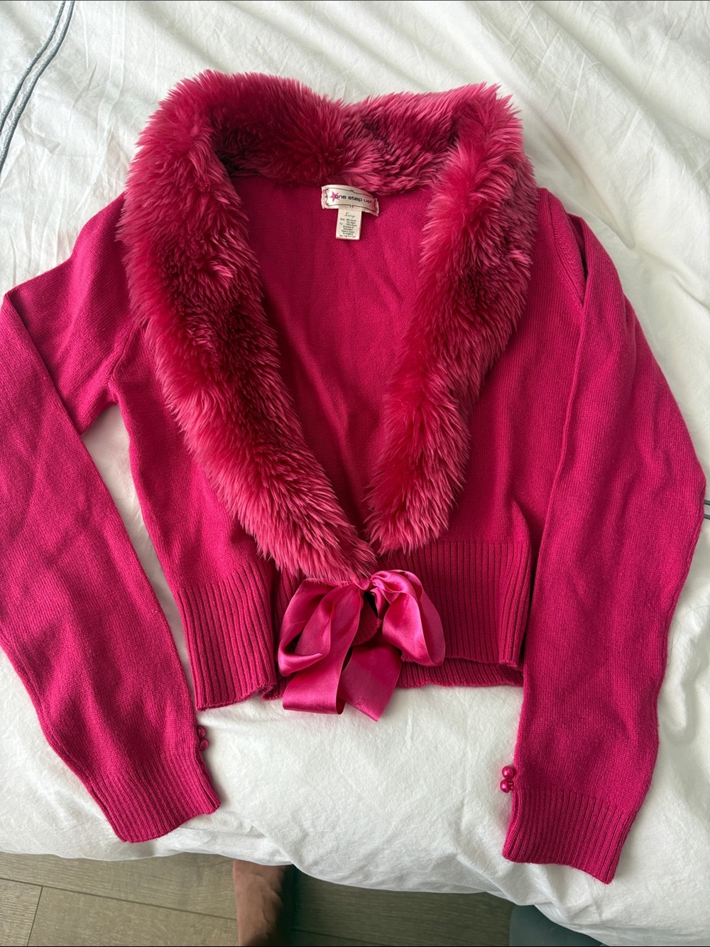 Women's Fuchsia Faux-Fur Trim Cardigan